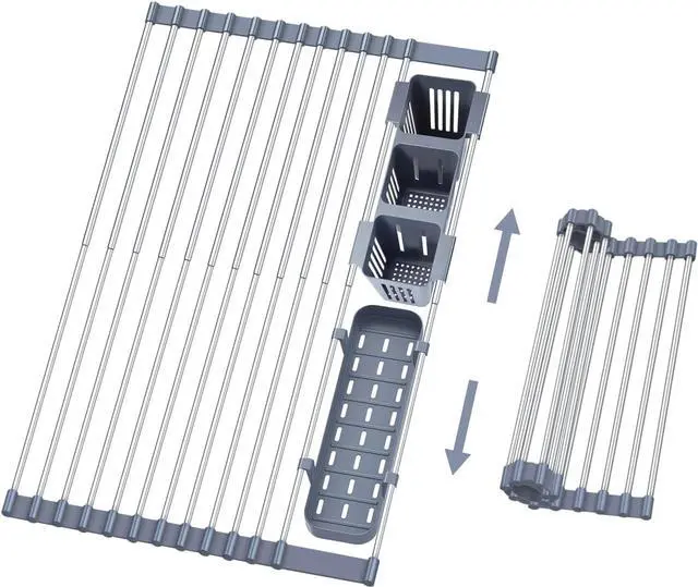 Main image of Gabrielline Expandable Roll Up Dish Drying Rack for Kitchen Sink, 21.6 x 12.7 Stainless Steel Over Sink Drying Mat with Utensil Holder & Drip Tray, Space Saving Heavy Duty Kitchen Rack Set
