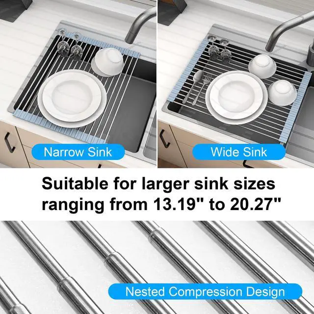 Alt view image 3 of 7 - 20.27 x 13.19 Inch Roll Up Dish Drying Rack, Expandable Over Sink Drying Rack 304 Stainless Steel Drainer for Counter Kitchen Home RV Essentials Foldable Over Sink Drying Rack, Grey