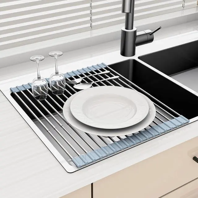 Alt view image 2 of 7 - 20.27 x 13.19 Inch Roll Up Dish Drying Rack, Expandable Over Sink Drying Rack 304 Stainless Steel Drainer for Counter Kitchen Home RV Essentials Foldable Over Sink Drying Rack, Grey