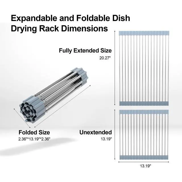 Alt view image 5 of 7 - 20.27 x 13.19 Inch Roll Up Dish Drying Rack, Expandable Over Sink Drying Rack 304 Stainless Steel Drainer for Counter Kitchen Home RV Essentials Foldable Over Sink Drying Rack, Grey
