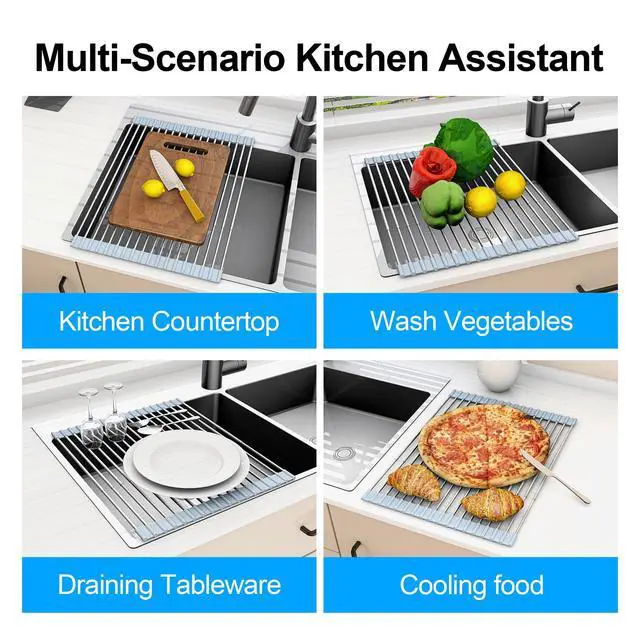 Alt view image 7 of 7 - 20.27 x 13.19 Inch Roll Up Dish Drying Rack, Expandable Over Sink Drying Rack 304 Stainless Steel Drainer for Counter Kitchen Home RV Essentials Foldable Over Sink Drying Rack, Grey