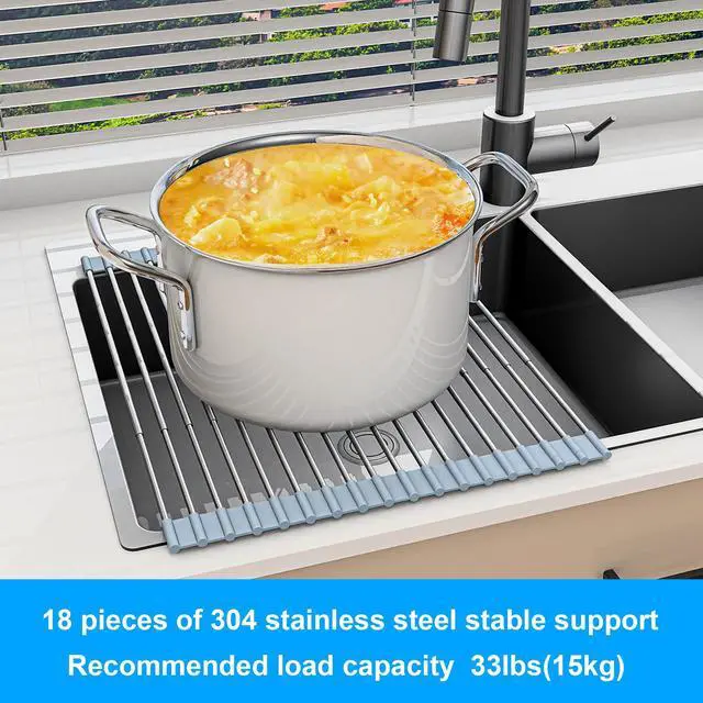 Alt view image 4 of 7 - 20.27 x 13.19 Inch Roll Up Dish Drying Rack, Expandable Over Sink Drying Rack 304 Stainless Steel Drainer for Counter Kitchen Home RV Essentials Foldable Over Sink Drying Rack, Grey