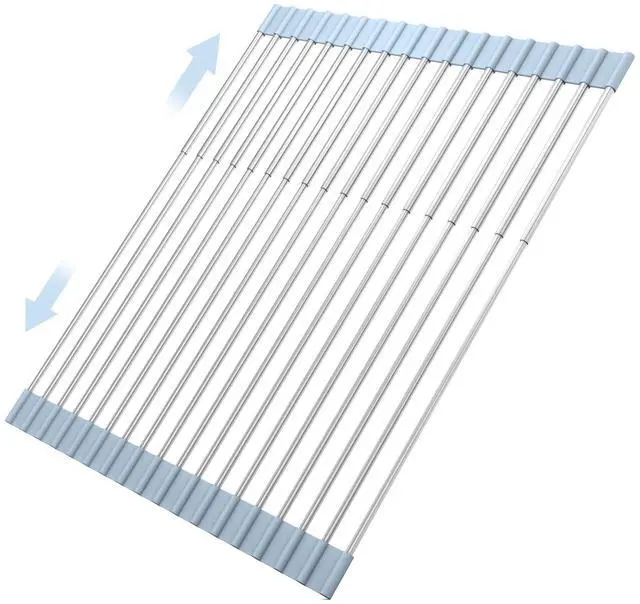 Main image of 20.27 x 13.19 Inch Roll Up Dish Drying Rack, Expandable Over Sink Drying Rack 304 Stainless Steel Drainer for Counter Kitchen Home RV Essentials Foldable Over Sink Drying Rack, Grey
