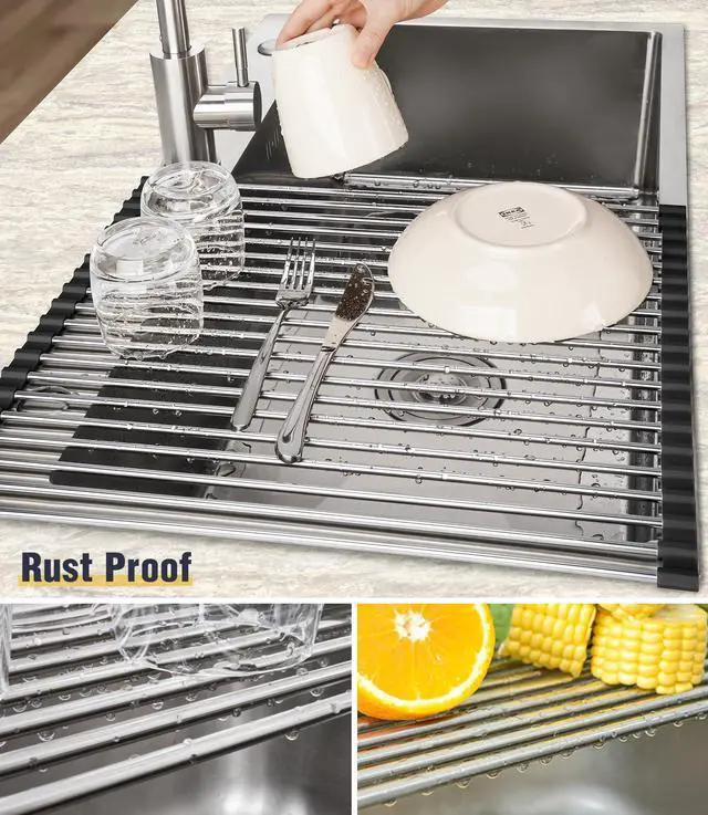Alt view image 2 of 7 - 17.7" x 15.5" Roll Up Dish Drying Rack Over Sink Drying Rack Sink Cover Kitchen Sink Accessories Gadget Multipurpose Organizer Foldable Stainless Steel Drainer