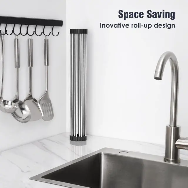 Alt view image 3 of 7 - 17.7" x 15.5" Roll Up Dish Drying Rack Over Sink Drying Rack Sink Cover Kitchen Sink Accessories Gadget Multipurpose Organizer Foldable Stainless Steel Drainer