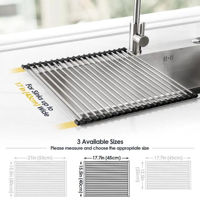 Alt view image 4 of 7 - 17.7" x 15.5" Roll Up Dish Drying Rack Over Sink Drying Rack Sink Cover Kitchen Sink Accessories Gadget Multipurpose Organizer Foldable Stainless Steel Drainer
