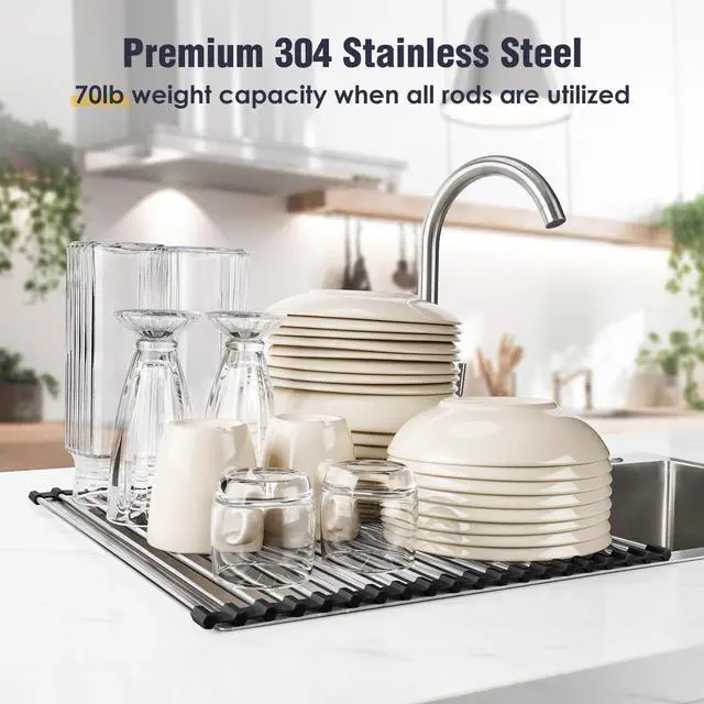 Alt view image 5 of 7 - 17.7" x 15.5" Roll Up Dish Drying Rack Over Sink Drying Rack Sink Cover Kitchen Sink Accessories Gadget Multipurpose Organizer Foldable Stainless Steel Drainer