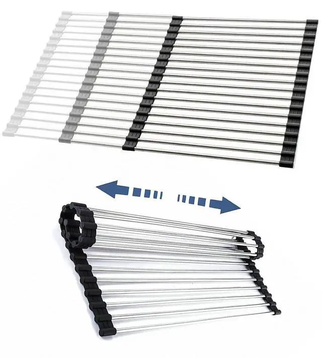 Main image of Expandable Roll Up Dish Drying Rack Large, Foldable Over The Sink Dish Drying Rack, Collapsible Stainless Steel Drainer Over Sink Dish Drying Rack for Kitchen Counter (Black, 21.25''x12.79'')