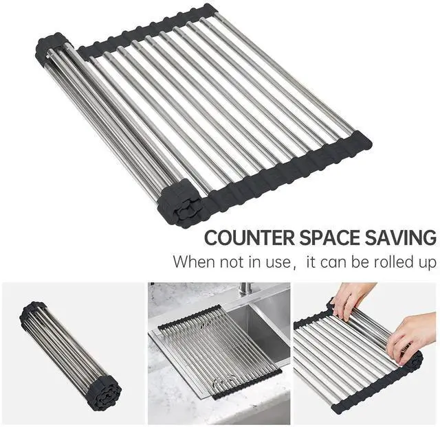 Alt view image 5 of 7 - Expandable Roll Up Dish Drying Rack Large, Foldable Over The Sink Dish Drying Rack, Collapsible Stainless Steel Drainer Over Sink Dish Drying Rack for Kitchen Counter (Black, 21.25''x12.79'')