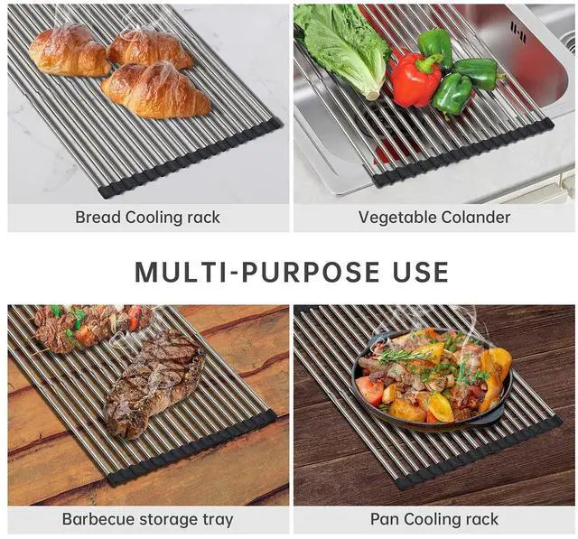 Alt view image 4 of 7 - Expandable Roll Up Dish Drying Rack Large, Foldable Over The Sink Dish Drying Rack, Collapsible Stainless Steel Drainer Over Sink Dish Drying Rack for Kitchen Counter (Black, 21.25''x12.79'')
