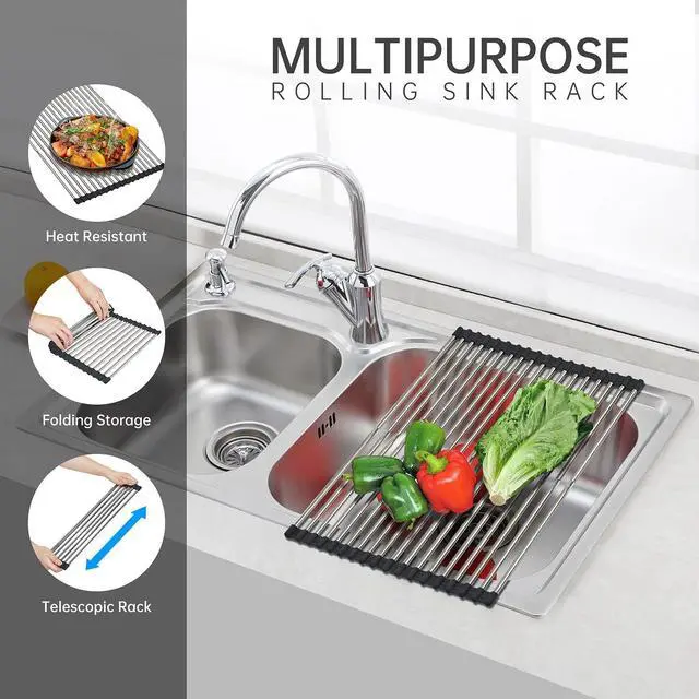 Alt view image 3 of 7 - Expandable Roll Up Dish Drying Rack Large, Foldable Over The Sink Dish Drying Rack, Collapsible Stainless Steel Drainer Over Sink Dish Drying Rack for Kitchen Counter (Black, 21.25''x12.79'')