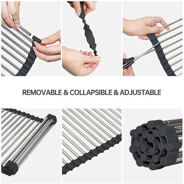 Alt view image 7 of 7 - Expandable Roll Up Dish Drying Rack Large, Foldable Over The Sink Dish Drying Rack, Collapsible Stainless Steel Drainer Over Sink Dish Drying Rack for Kitchen Counter (Black, 21.25''x12.79'')