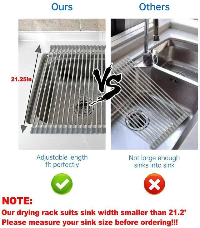 Alt view image 6 of 7 - Expandable Roll Up Dish Drying Rack Large, Foldable Over The Sink Dish Drying Rack, Collapsible Stainless Steel Drainer Over Sink Dish Drying Rack for Kitchen Counter (Black, 21.25''x12.79'')