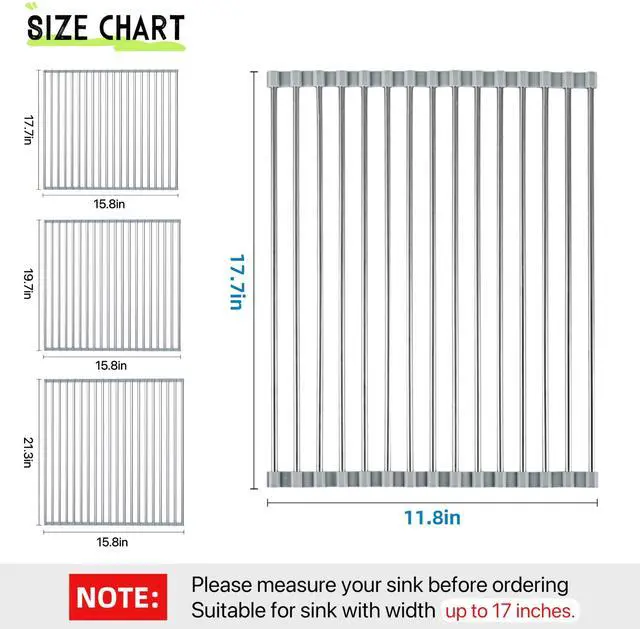 Alt view image 2 of 7 - Roll Up Dish Drying Rack, 17.7" x 11.8" Over The Sink Dish Drying Rack, Kitchen Dish Rack Foldable Dish Drainer, Stainless Steel Dish Drying Rack for Kitchen Sink Counter Storage (Grey)