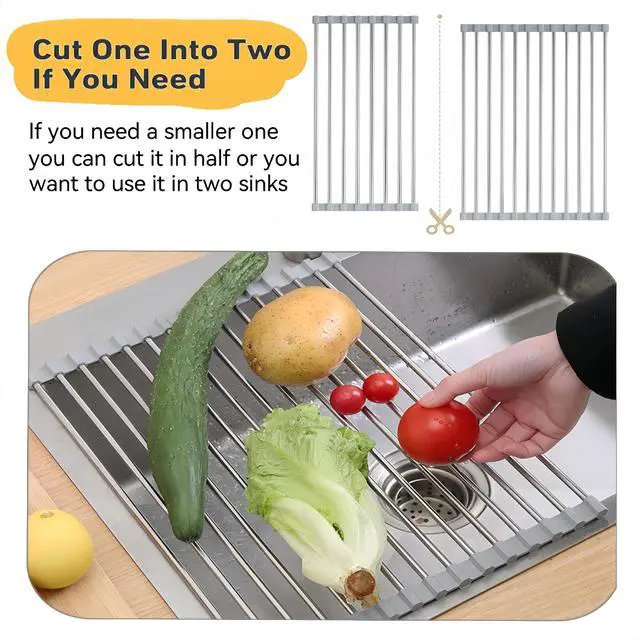 Alt view image 4 of 7 - Roll Up Dish Drying Rack, 17.7" x 11.8" Over The Sink Dish Drying Rack, Kitchen Dish Rack Foldable Dish Drainer, Stainless Steel Dish Drying Rack for Kitchen Sink Counter Storage (Grey)