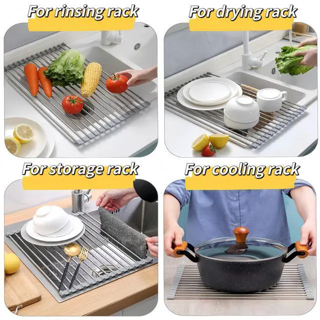 Alt view image 5 of 7 - Roll Up Dish Drying Rack, 17.7" x 11.8" Over The Sink Dish Drying Rack, Kitchen Dish Rack Foldable Dish Drainer, Stainless Steel Dish Drying Rack for Kitchen Sink Counter Storage (Grey)