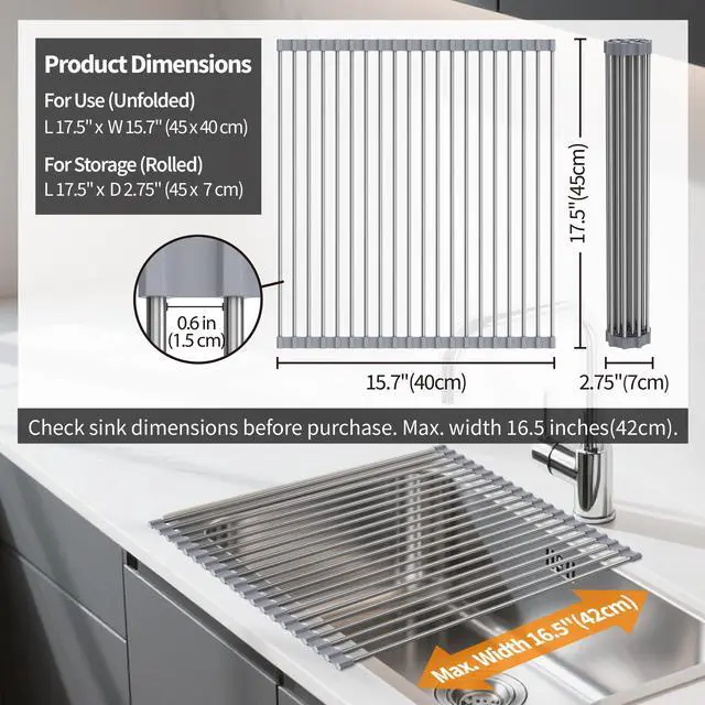 Alt view image 5 of 6 - Roll Up Dish Drying Rack, 17.5" x 15.7", Sink Drying Rack for Kitchen, Gray
