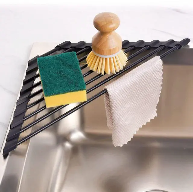 Main image of Small Triangle Roll-Up Dish Drying Rack with Silicone Coating Stainless Steel Frame for Sink Corners, Multipurpose Over-The-Sink Kitchen Drainer & Organizer for Space-Saving Storage (Black)