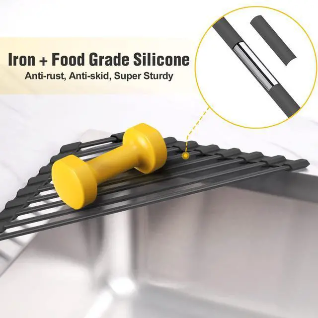 Alt view image 3 of 7 - Small Triangle Roll-Up Dish Drying Rack with Silicone Coating Stainless Steel Frame for Sink Corners, Multipurpose Over-The-Sink Kitchen Drainer & Organizer for Space-Saving Storage (Black)