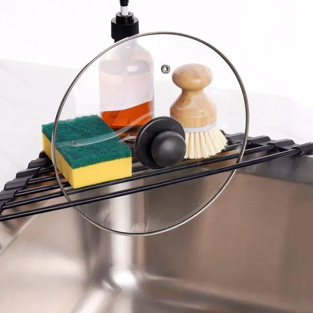Alt view image 4 of 7 - Small Triangle Roll-Up Dish Drying Rack with Silicone Coating Stainless Steel Frame for Sink Corners, Multipurpose Over-The-Sink Kitchen Drainer & Organizer for Space-Saving Storage (Black)