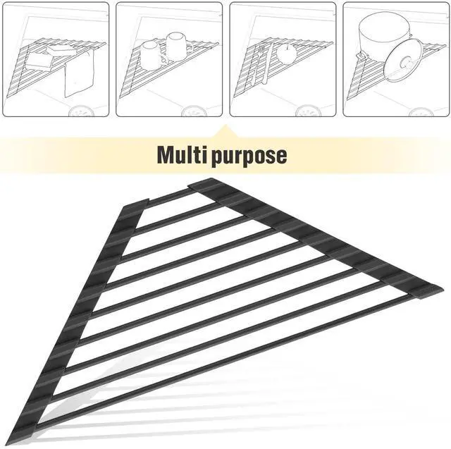 Alt view image 7 of 7 - Small Triangle Roll-Up Dish Drying Rack with Silicone Coating Stainless Steel Frame for Sink Corners, Multipurpose Over-The-Sink Kitchen Drainer & Organizer for Space-Saving Storage (Black)