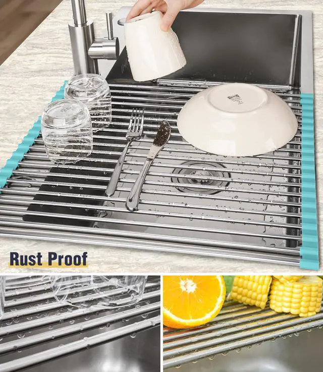 Alt view image 2 of 7 - 17.7" x 15.5" Roll Up Dish Drying Rack Over Sink Drying Rack Sink Cover Kitchen Sink Accessories Gadget Multipurpose Organizer Foldable Stainless Steel Drainer