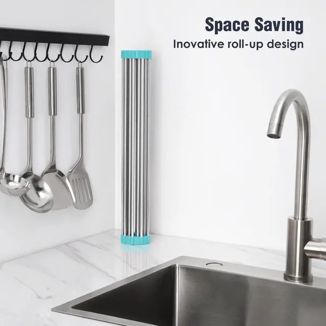 Alt view image 3 of 7 - 17.7" x 15.5" Roll Up Dish Drying Rack Over Sink Drying Rack Sink Cover Kitchen Sink Accessories Gadget Multipurpose Organizer Foldable Stainless Steel Drainer
