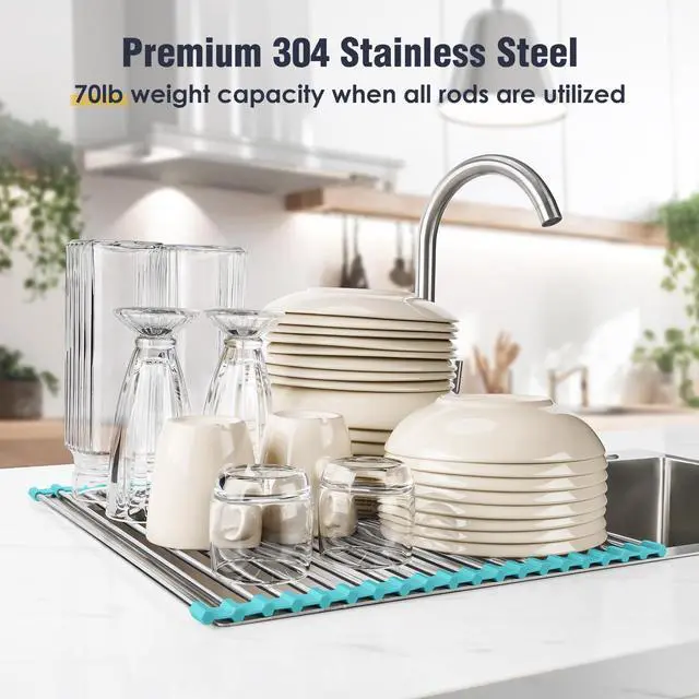 Alt view image 5 of 7 - 17.7" x 15.5" Roll Up Dish Drying Rack Over Sink Drying Rack Sink Cover Kitchen Sink Accessories Gadget Multipurpose Organizer Foldable Stainless Steel Drainer