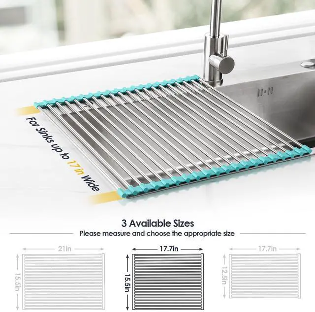 Alt view image 4 of 7 - 17.7" x 15.5" Roll Up Dish Drying Rack Over Sink Drying Rack Sink Cover Kitchen Sink Accessories Gadget Multipurpose Organizer Foldable Stainless Steel Drainer