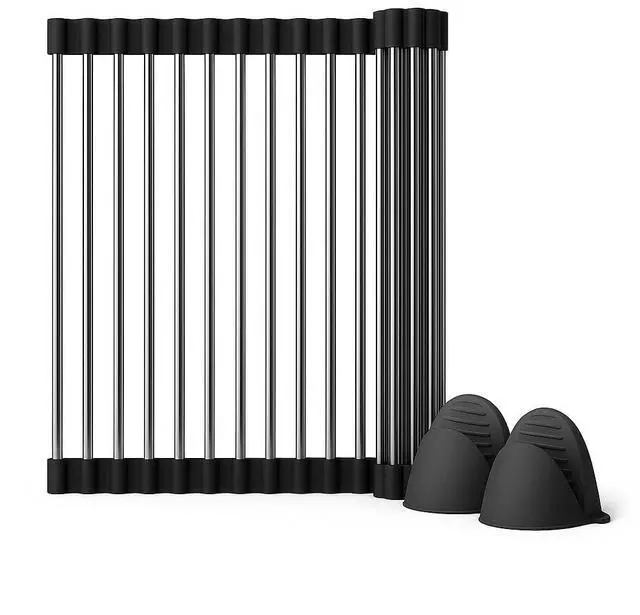 Main image of Over Sink Dish Dryng Rack - Roll Up Stainless Stell & Silicone Drying mat, Heat Resistant, Non-Slip & Foldable, Space Saving Kitchen Organizer (17.3"x 15.7")(Black)