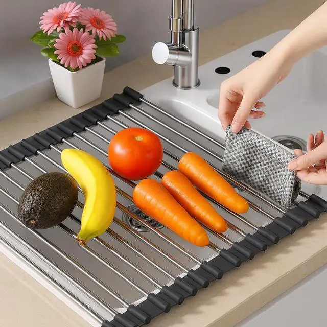 Alt view image 3 of 6 - Over Sink Dish Dryng Rack - Roll Up Stainless Stell & Silicone Drying mat, Heat Resistant, Non-Slip & Foldable, Space Saving Kitchen Organizer (17.3"x 15.7")(Black)