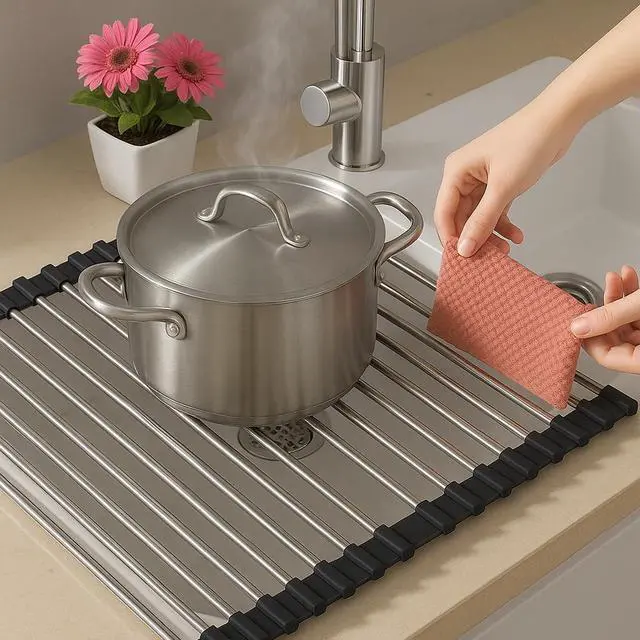 Alt view image 4 of 6 - Over Sink Dish Dryng Rack - Roll Up Stainless Stell & Silicone Drying mat, Heat Resistant, Non-Slip & Foldable, Space Saving Kitchen Organizer (17.3"x 15.7")(Black)
