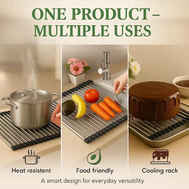 Alt view image 5 of 6 - Over Sink Dish Dryng Rack - Roll Up Stainless Stell & Silicone Drying mat, Heat Resistant, Non-Slip & Foldable, Space Saving Kitchen Organizer (17.3"x 15.7")(Black)