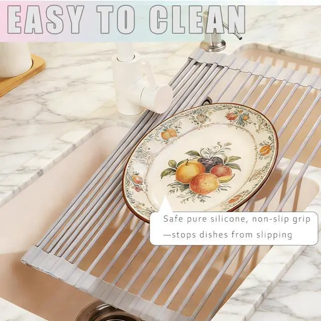 Alt view image 3 of 3 - Roll up Dish Drying Rack Silicone Wrapped Stainless Steel 17in x 13in, Grey