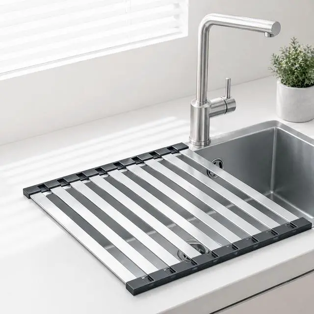 Main image of Roll Up Dish Drying Rack Over The Sink, Stainless Steel Collapsible Dish Drainer Rack for Kitchen Sink, Non-Slip Heat Resistant Space Saving Sink Drying Rack, 17.7" x 12.8"