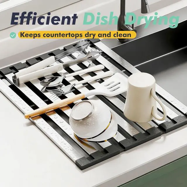Alt view image 4 of 7 - Roll Up Dish Drying Rack Over The Sink, Stainless Steel Collapsible Dish Drainer Rack for Kitchen Sink, Non-Slip Heat Resistant Space Saving Sink Drying Rack, 17.7" x 12.8"