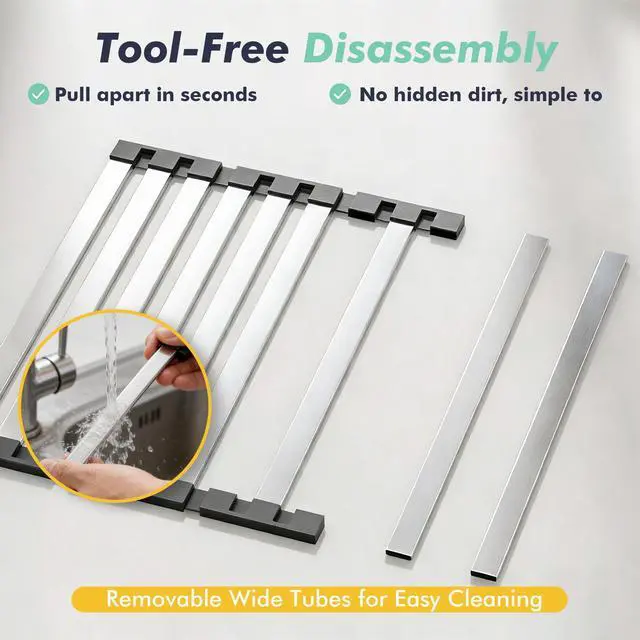 Alt view image 6 of 7 - Roll Up Dish Drying Rack Over The Sink, Stainless Steel Collapsible Dish Drainer Rack for Kitchen Sink, Non-Slip Heat Resistant Space Saving Sink Drying Rack, 17.7" x 12.8"