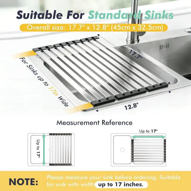 Alt view image 2 of 7 - Roll Up Dish Drying Rack Over The Sink, Stainless Steel Collapsible Dish Drainer Rack for Kitchen Sink, Non-Slip Heat Resistant Space Saving Sink Drying Rack, 17.7" x 12.8"