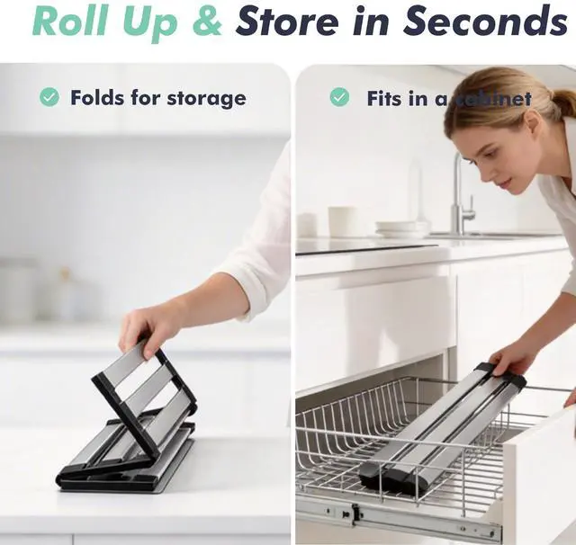 Alt view image 7 of 7 - Roll Up Dish Drying Rack Over The Sink, Stainless Steel Collapsible Dish Drainer Rack for Kitchen Sink, Non-Slip Heat Resistant Space Saving Sink Drying Rack, 17.7" x 12.8"