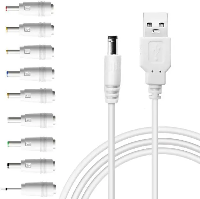 Main image of USB to DC 5V Power Cord, Universal DC 5.5x2.1mm Charging Cable with 9 Interchangeable Connectors Adapter for Moon Lamp, Massage Wand, Router, LED Light, Mini Fan, Speaker and More Devices (White)