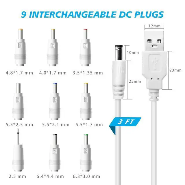 Alt view image 3 of 6 - USB to DC 5V Power Cord, Universal DC 5.5x2.1mm Charging Cable with 9 Interchangeable Connectors Adapter for Moon Lamp, Massage Wand, Router, LED Light, Mini Fan, Speaker and More Devices (White)