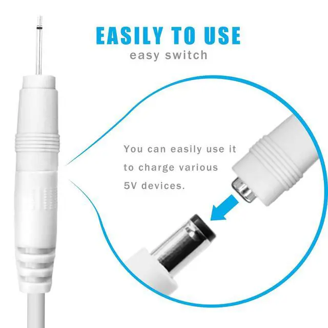 Alt view image 4 of 6 - USB to DC 5V Power Cord, Universal DC 5.5x2.1mm Charging Cable with 9 Interchangeable Connectors Adapter for Moon Lamp, Massage Wand, Router, LED Light, Mini Fan, Speaker and More Devices (White)