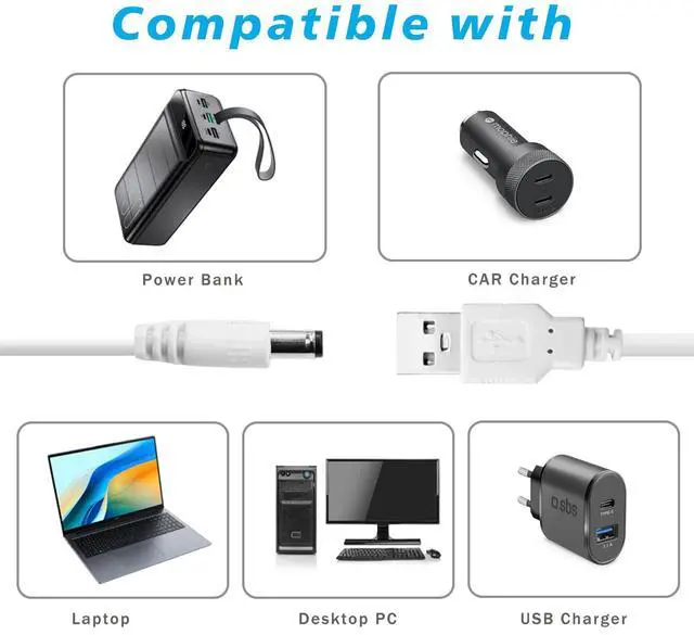 Alt view image 5 of 6 - USB to DC 5V Power Cord, Universal DC 5.5x2.1mm Charging Cable with 9 Interchangeable Connectors Adapter for Moon Lamp, Massage Wand, Router, LED Light, Mini Fan, Speaker and More Devices (White)