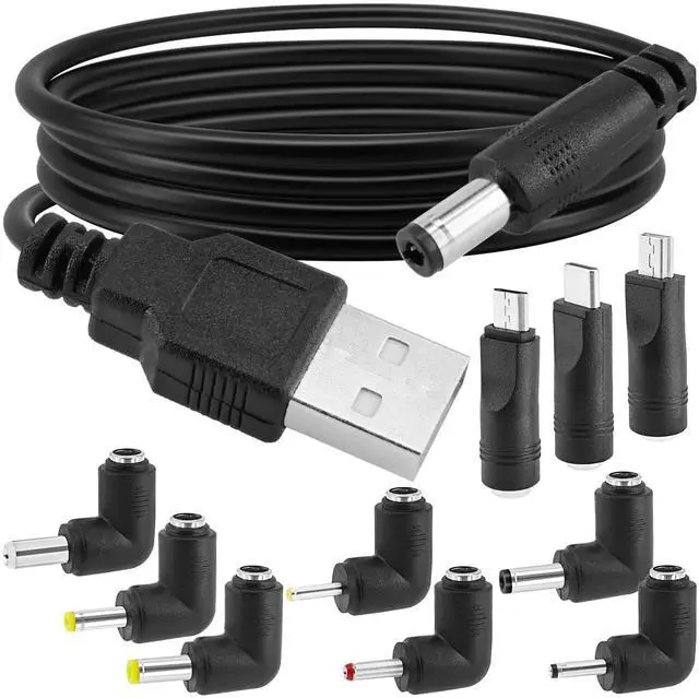 Main image of Universal USB to DC Power Cable, 1M/3Ft USB Charger Cord, 5V 5.5 x 2.1 mm Power Adapter, with 10 Interchangeable DC Converter Plugs for Cameras, Routers