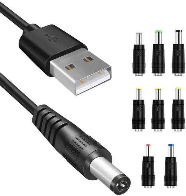 Main image of 5V DC Power Cable, USB to DC 5.5x2.1mm Plug Charging Cord with 8 Connectors Adapters fit for Speaker, Router, LED Light, Moon Lamp and More 5Volt 3Amp Electronics