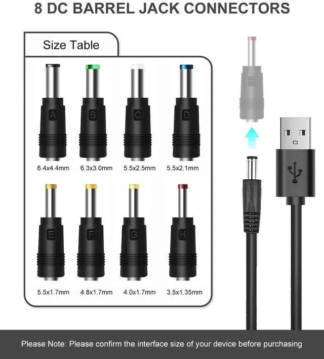 Alt view image 2 of 6 - 5V DC Power Cable, USB to DC 5.5x2.1mm Plug Charging Cord with 8 Connectors Adapters fit for Speaker, Router, LED Light, Moon Lamp and More 5Volt 3Amp Electronics