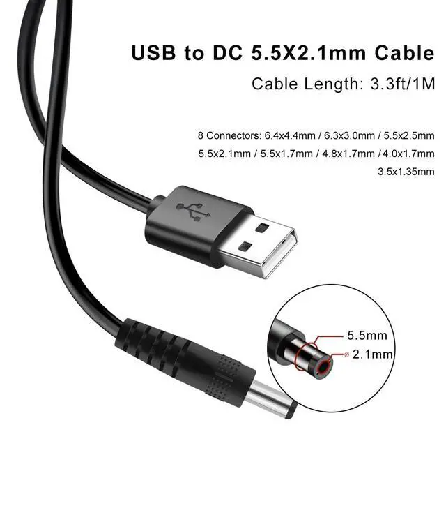 Alt view image 6 of 6 - 5V DC Power Cable, USB to DC 5.5x2.1mm Plug Charging Cord with 8 Connectors Adapters fit for Speaker, Router, LED Light, Moon Lamp and More 5Volt 3Amp Electronics