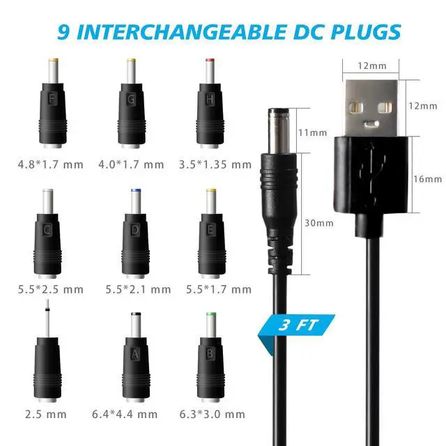 Alt view image 3 of 6 - USB to DC 5V Power Cord, Universal DC 5.5x2.1mm Charging Cable with 9 Interchangeable Connectors Adapter for Moon Lamp, Massage Wand, Router, LED Light, Mini Fan, Speaker and More Devices (Black)