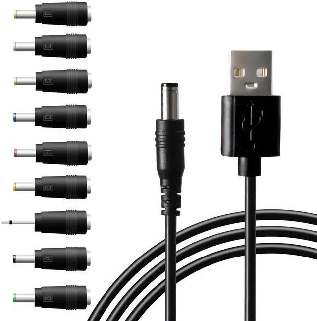 Main image of USB to DC 5V Power Cord, Universal DC 5.5x2.1mm Charging Cable with 9 Interchangeable Connectors Adapter for Moon Lamp, Massage Wand, Router, LED Light, Mini Fan, Speaker and More Devices (Black)