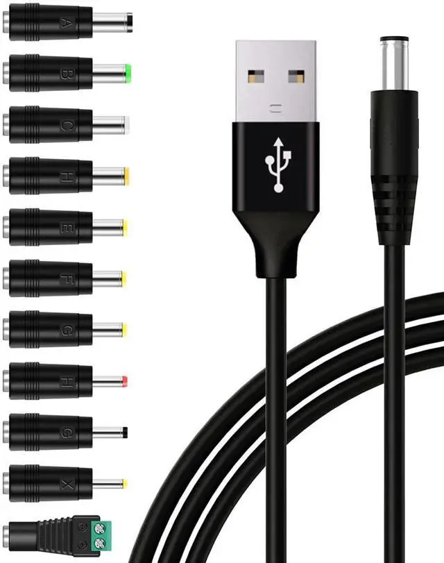Main image of USB to DC 5V Power Cable, DC 5.5x2.1mm Plugs Charging Cord with 11 Interchangeable Jack Connectors Charger Adapters for Lightsaber, Moon Lamp, Speaker, Router, Mini fan and More 5Volt 3Amp Electronics